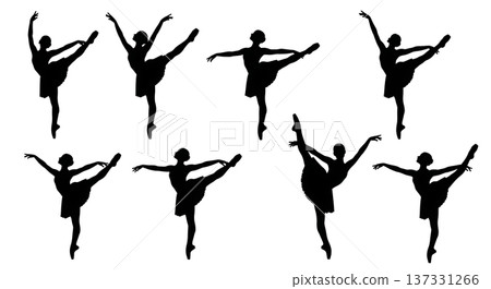 Black Solid Ballet Kick Extensions Silhouettes Set of Six on White Background Black Solid Ballet Kick Extensions Silhouettes Set of Six on White Background 137331266