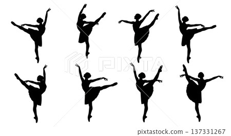 Black Solid Ballet Kick Extensions Silhouettes Set of Six on White Background Black Solid Ballet Kick Extensions Silhouettes Set of Six on White Background 137331267