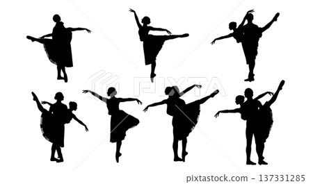 Black Solid Ballet Pas De Deux Silhouettes Set of Six on White Background Black Solid Ballet Pas De Deux Silhouettes Set of Six on White Background 137331285