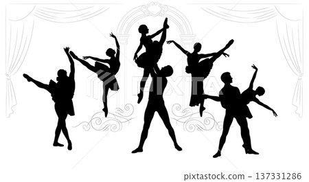 Black Solid Ballet Pas De Deux Silhouettes Set of Six on White Background Black Solid Ballet Pas De Deux Silhouettes Set of Six on White Background 137331286