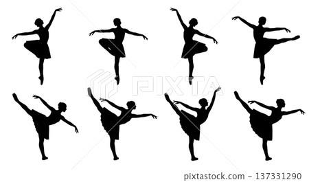 Black Solid Ballet Passe Attitude Silhouettes Set of Six on White Background Black Solid Ballet Passe Attitude Silhouettes Set of Six on White Background 137331290