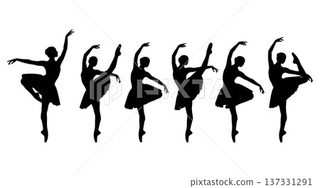 Black Solid Ballet Passe Attitude Silhouettes Set of Six on White Background 137331291