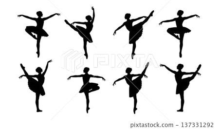 Black Solid Ballet Passe Balance Silhouettes Set of Six on White Background 137331292