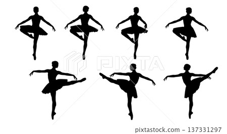Black Solid Ballet Passe Developpe Silhouettes Set of Six on White Background Black Solid Ballet Passe Developpe Silhouettes Set of Six on White Background 137331297