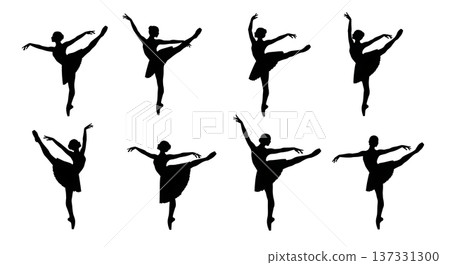 Black Solid Ballet Penche Balance Silhouettes Set of Six on White Background Black Solid Ballet Penche Balance Silhouettes Set of Six on White Background 137331300