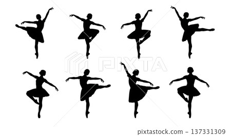 Black Solid Ballet Petite Allegro Jete Silhouettes Set of Six on White Background 137331309