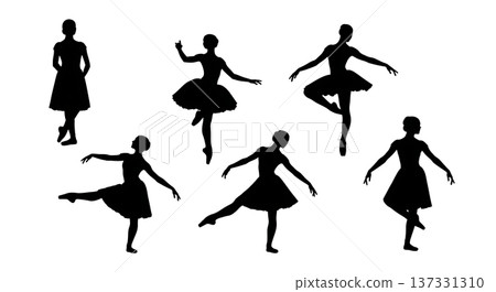 Black Solid Ballet Petite Allegro Jete Silhouettes Set of Six on White Background 137331310