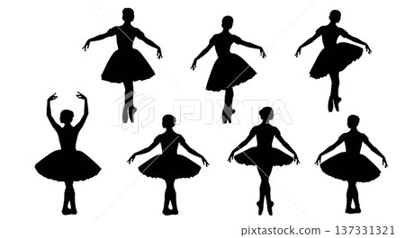Black Solid Ballet Port De Bras Cambre Silhouettes Set of Six on White Background 137331321