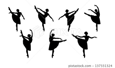 Black Solid Ballet Spinning Silhouettes Set of Six on White Background Black Solid Ballet Spinning Silhouettes Set of Six on White Background 137331324