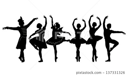 Black Solid Sugar Plum Fairy Silhouettes Set of Six on White Background Black Solid Sugar Plum Fairy Silhouettes Set of Six on White Background 137331326
