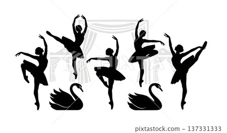 Black Solid Swan Lake Ballet Silhouettes Set of Six on White Background Black Solid Swan Lake Ballet Silhouettes Set of Six on White Background 137331333