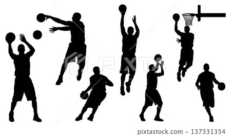 Black Solid Basketball Alley-Oop Silhouettes Set of Six on White Background Black Solid Basketball Alley-Oop Silhouettes Set of Six on White Background 137331354