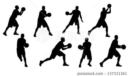 Black Solid Basketball Back-Door Cut Silhouettes Set of Six on White Background 137331361