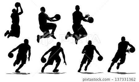 Black Solid Basketball Baseline Reverse Silhouettes Set of Six on White Background Black Solid Basketball Baseline Reverse Silhouettes Set of Six on White Background 137331362