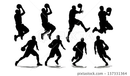 Black Solid Basketball Baseline Reverse Silhouettes Set of Six on White Background Black Solid Basketball Baseline Reverse Silhouettes Set of Six on White Background 137331364