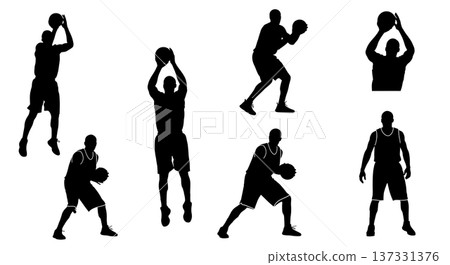 Black Solid Basketball Box Out Silhouettes Set of Six on White Background 137331376