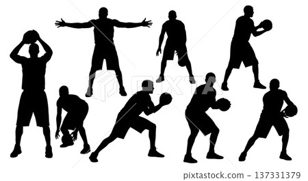 Black Solid Basketball Box Out Silhouettes Set of Six on White Background Black Solid Basketball Box Out Silhouettes Set of Six on White Background 137331379