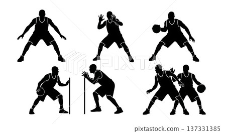 Black Solid Basketball Defense Silhouettes Set of Six on White Background Black Solid Basketball Defense Silhouettes Set of Six on White Background 137331385