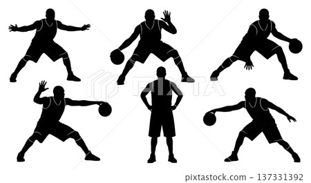 Black Solid Basketball Screen Out Silhouettes Set of Six on White Background 137331392