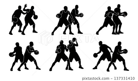Black Solid Basketball Double Team Silhouettes Set of Six on White Background Black Solid Basketball Double Team Silhouettes Set of Six on White Background 137331410