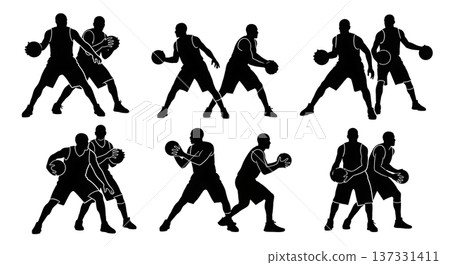 Black Solid Basketball Double Team Silhouettes Set of Six on White Background 137331411