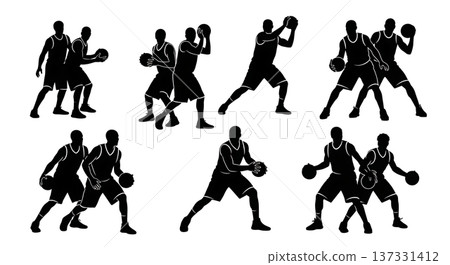 Black Solid Basketball Double Team Silhouettes Set of Six on White Background Black Solid Basketball Double Team Silhouettes Set of Six on White Background 137331412