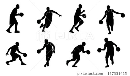 Black Solid Basketball Dribbling Silhouettes Set of Six on White Background 137331415