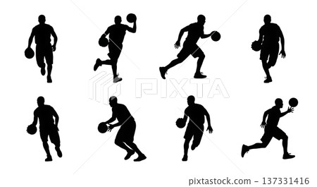 Black Solid Basketball Dribbling Silhouettes Set of Six on White Background Black Solid Basketball Dribbling Silhouettes Set of Six on White Background 137331416