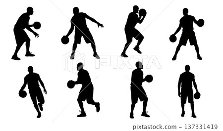 Black Solid Basketball Euro Step Silhouettes Set of Six on White Background Black Solid Basketball Euro Step Silhouettes Set of Six on White Background 137331419