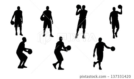 Black Solid Basketball Euro Step Silhouettes Set of Six on White Background 137331420