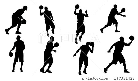 Black Solid Basketball Fadeaway Silhouettes Set of Six on White Background 137331425