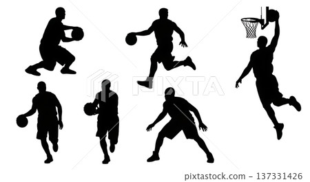 Black Solid Basketball Fake Pass Silhouettes Set of Six on White Background Black Solid Basketball Fake Pass Silhouettes Set of Six on White Background 137331426