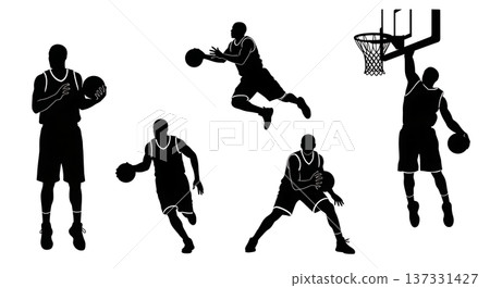 Black Solid Basketball Fake Pass Silhouettes Set of Six on White Background Black Solid Basketball Fake Pass Silhouettes Set of Six on White Background 137331427