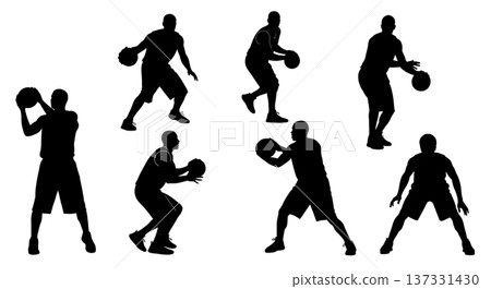 Black Solid Basketball Fake Pass Silhouettes Set of Six on White Background 137331430