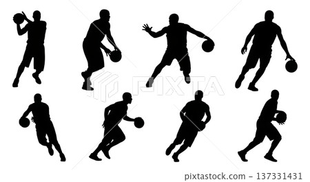 Black Solid Basketball Fast Break Silhouettes Set of Six on White Background Black Solid Basketball Fast Break Silhouettes Set of Six on White Background 137331431