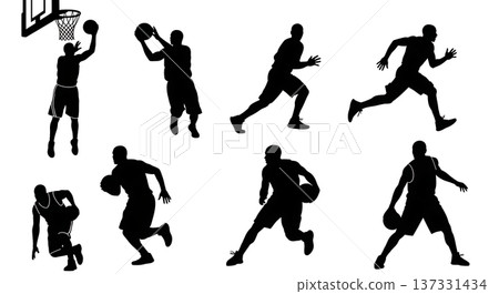Black Solid Basketball Fast Break Silhouettes Set of Six on White Background Black Solid Basketball Fast Break Silhouettes Set of Six on White Background 137331434