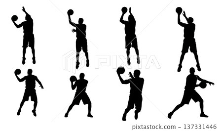 Black Solid Basketball Free Throw Silhouettes Set of Six on White Background 137331446