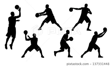Black Solid Basketball Outlet Delivery Silhouettes Set of Six on White Background 137331448