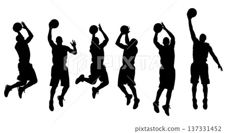Black Solid Basketball Jump Shot Silhouettes Set of Six on White Background Black Solid Basketball Jump Shot Silhouettes Set of Six on White Background 137331452