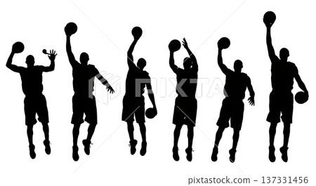 Black Solid Basketball Layup Silhouettes Set of Six on White Background 137331456