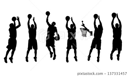 Black Solid Basketball Layup Silhouettes Set of Six on White Background Black Solid Basketball Layup Silhouettes Set of Six on White Background 137331457