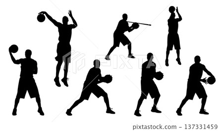 Black Solid Basketball Long Pass Silhouettes Set of Six on White Background 137331459