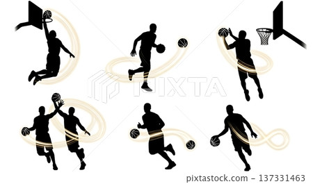 Black Solid Basketball Light Silhouettes Set of Six on White Background 137331463