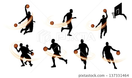 Black Solid Basketball Light Silhouettes Set of Six on White Background 137331464
