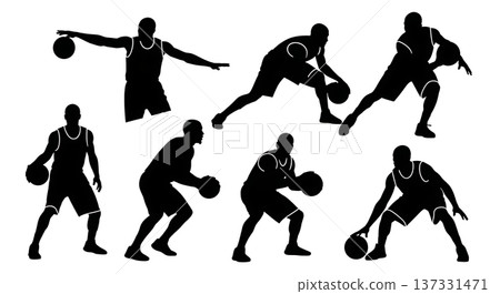 Black Solid Basketball Charging Silhouettes Set of Six on White Background 137331471