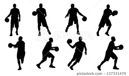 Black Solid Basketball Transition Silhouettes Set of Six on White Background Black Solid Basketball Transition Silhouettes Set of Six on White Background 137331479