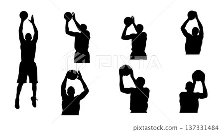 Black Solid Basketball Overhead Pass Silhouettes Set of Six on White Background 137331484
