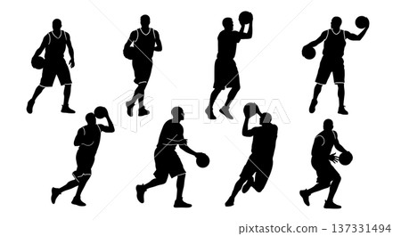 Black Solid Basketball Pick and Pop Silhouettes Set of Six on White Background 137331494