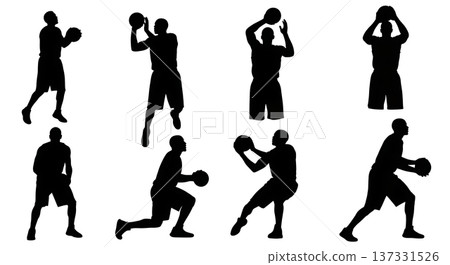Black Solid Basketball Post Drive Silhouettes Set of Six on White Background 137331526