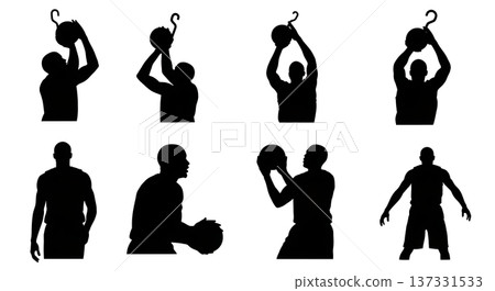 Black Solid Basketball Post-Up Silhouettes Set of Six on White Background 137331533